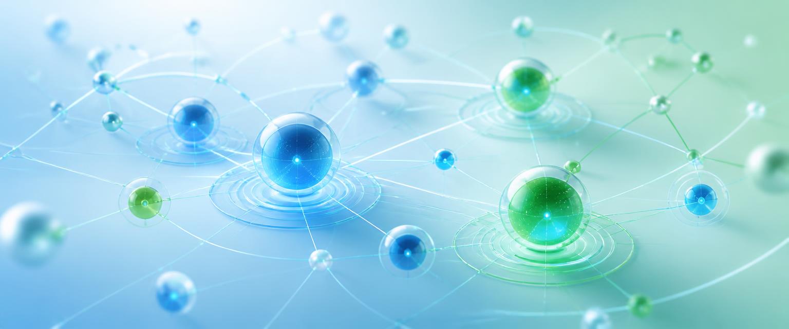 Glowing network sphere of connected nodes in blue and green