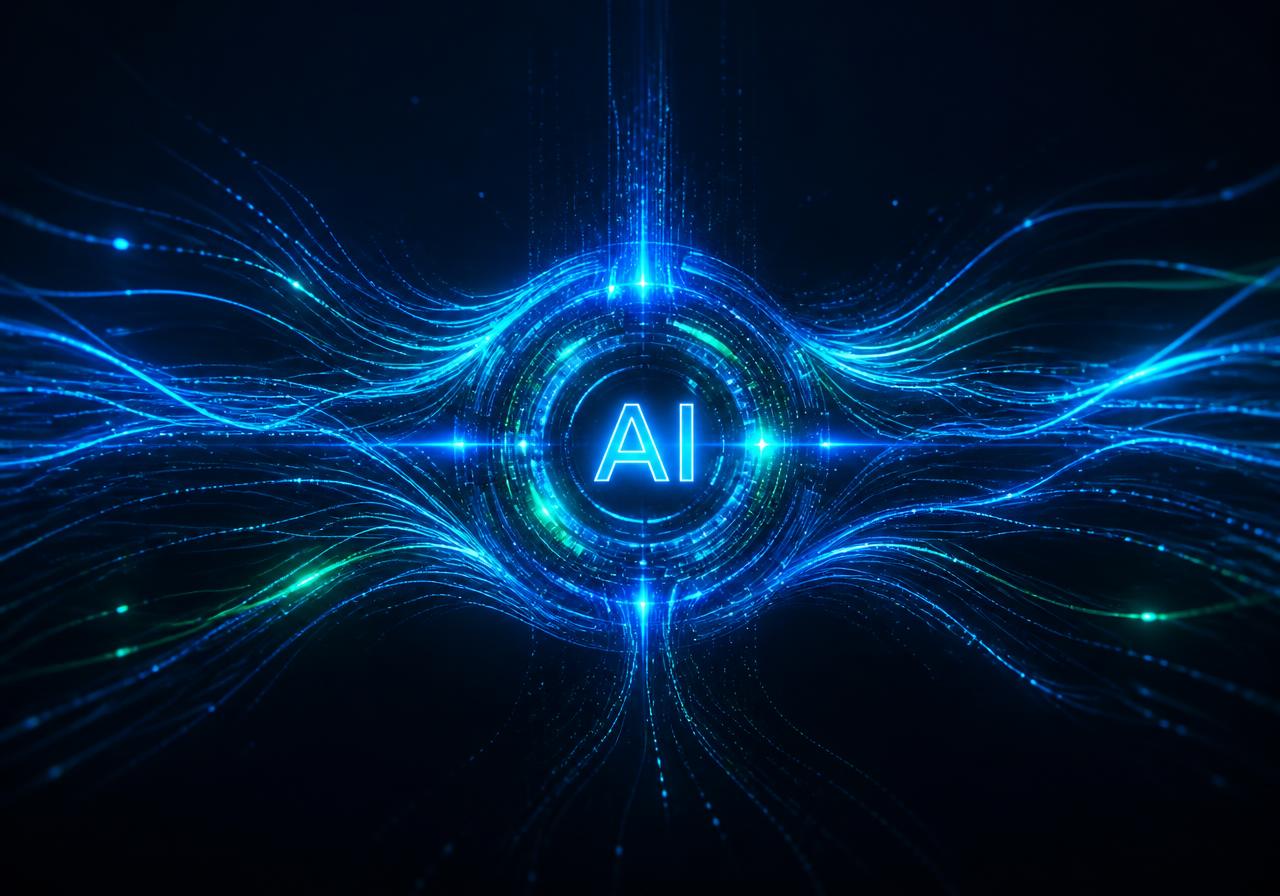 Glowing AI core with data streams flowing through it