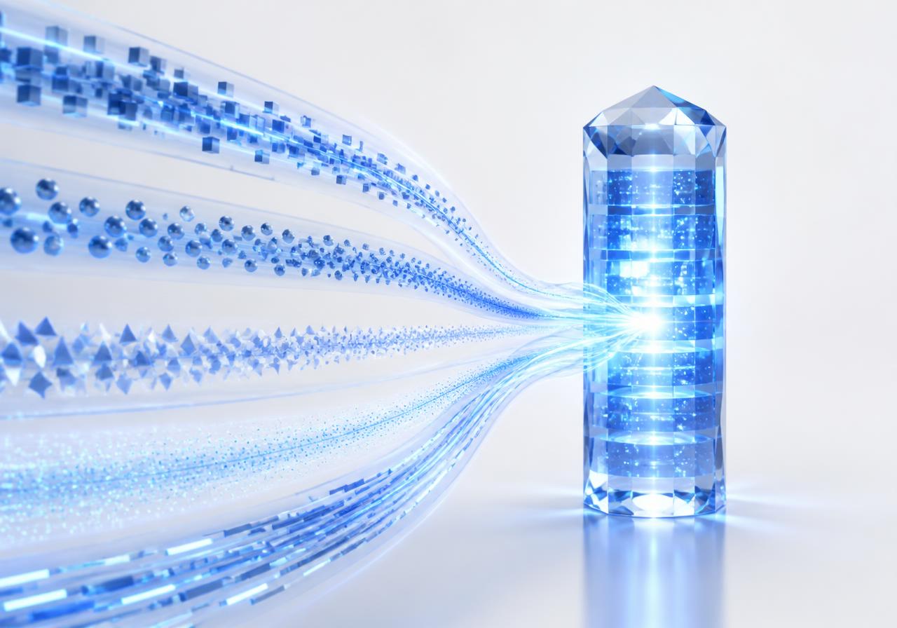 Data streams converging into a single glowing crystal data column