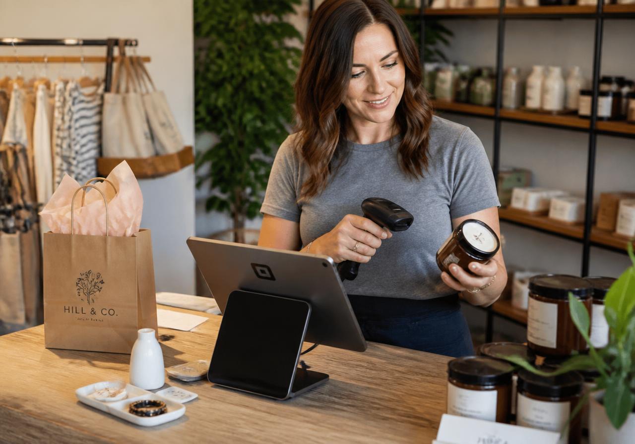 Independent shop owner scanning products at a modern point of sale