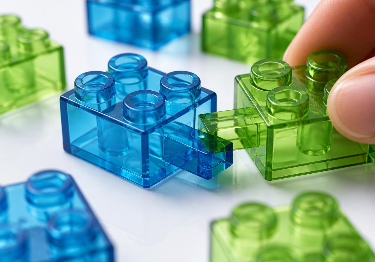 Translucent blue and green modular blocks snapping together