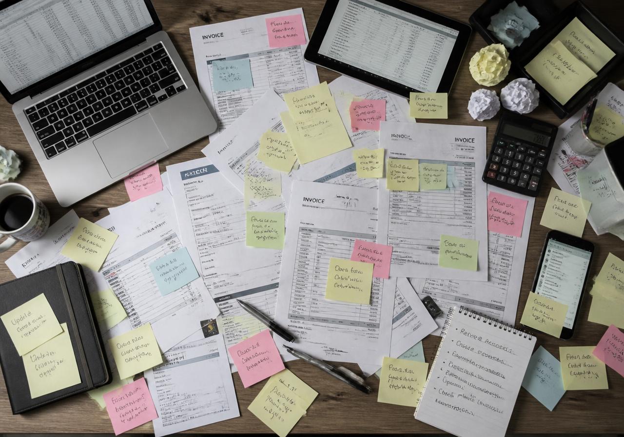 Desk overloaded with sticky notes, invoices and disconnected spreadsheets