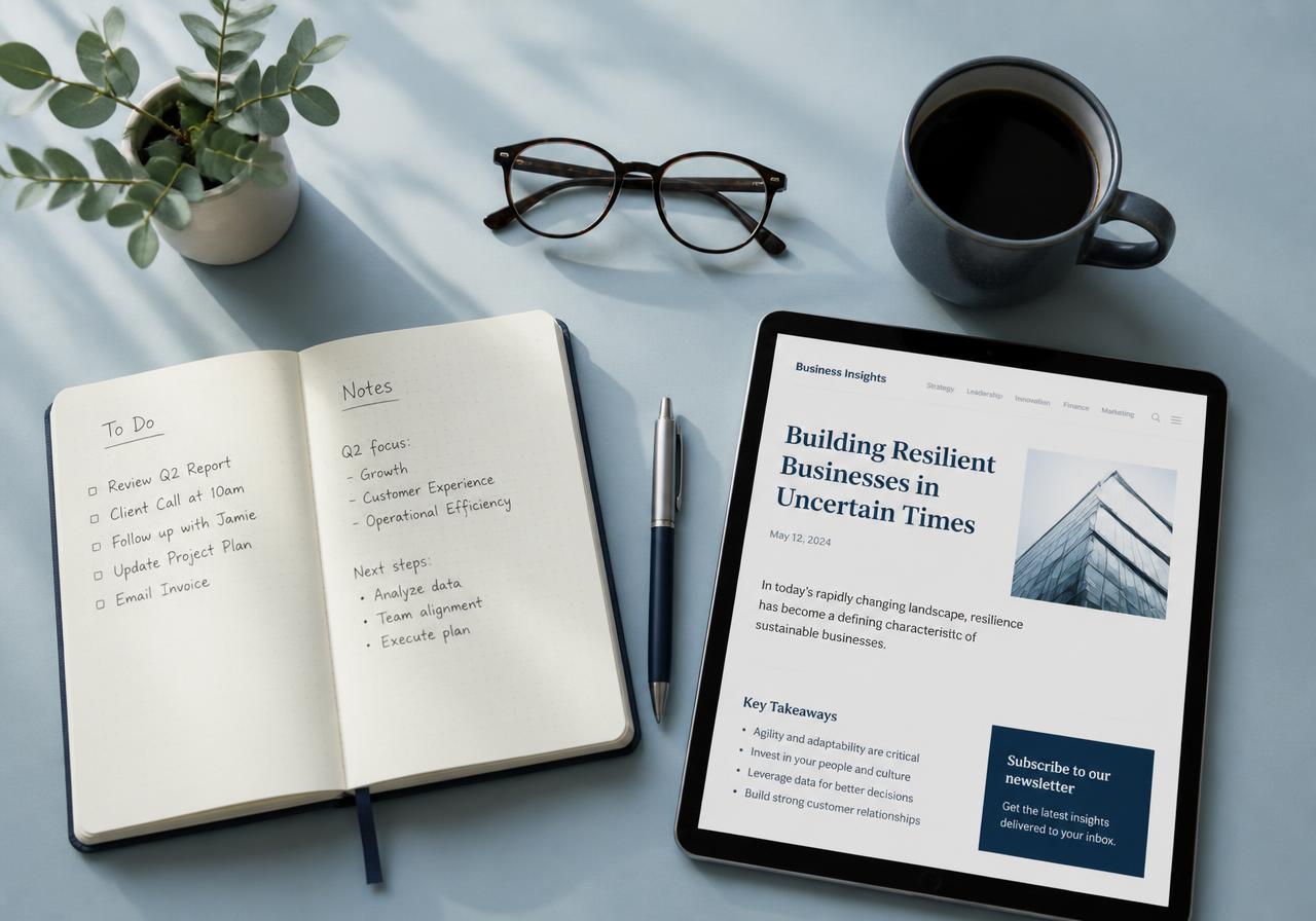 Notebook, glasses and a tablet showing a business strategy article on a calm desk