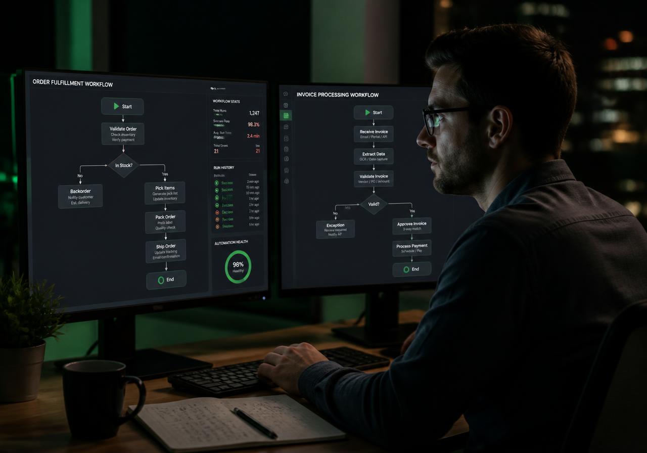 Operations analyst reviewing automated workflow charts on dual monitors