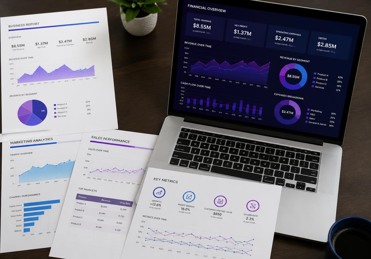 Printed business reports and a laptop showing connected financial dashboards