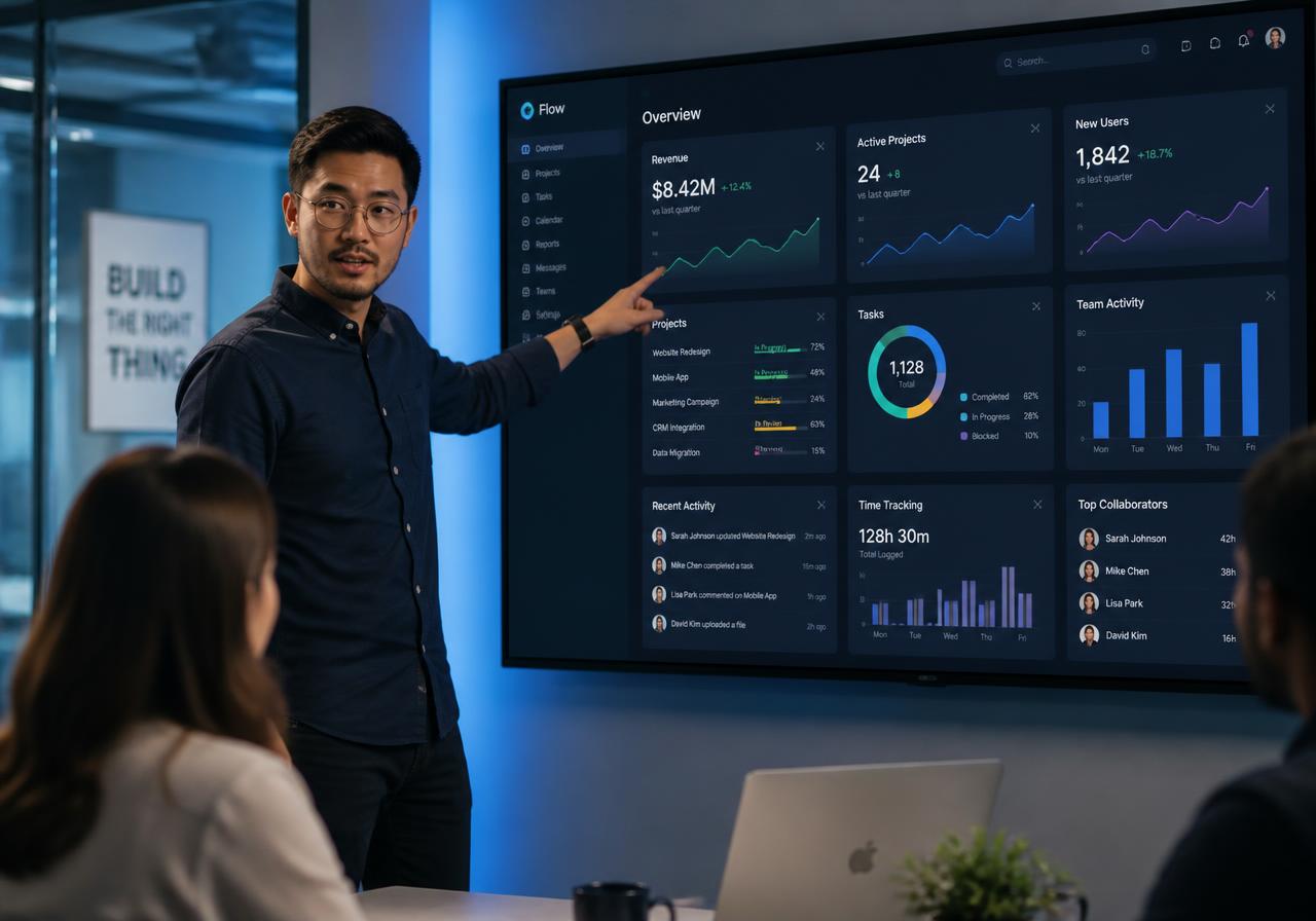 Team reviewing connected business dashboards on a large office display