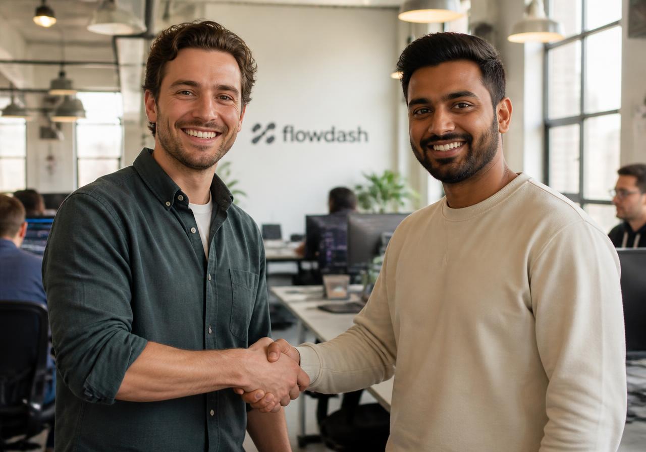 Two business founders shaking hands in a bright modern workspace